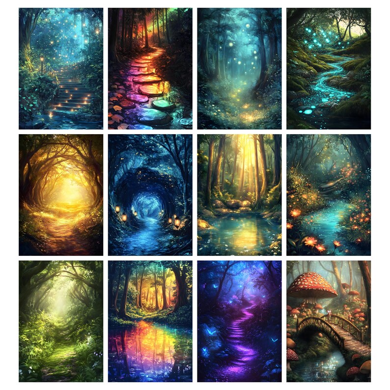 May include: A collection of fantasy landscape art prints. Each print depicts a different enchanted forest scene with glowing lights, winding paths, and vibrant colors. The artwork evokes a sense of magic and wonder.