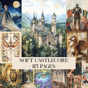 May include: A collection of watercolour illustrations with a soft, romantic aesthetic. The images include a castle, a knight, a griffin, and a woman in a gown. The text "SOFT CASTLECORE - 115 PAGES" is displayed.