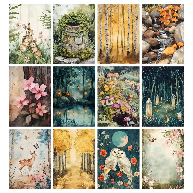 Pu&ograve; includere: Una collezione di dodici dipinti ad acquerello raffiguranti scene naturali. Le immagini raffigurano conigli, un pozzo, betulle, un ruscello con funghi, fiori di ciliegio, una foresta con lanterne, funghi, una foresta con cristalli luminosi, un cervo, un sentiero tra gli alberi, gufi e fiori.