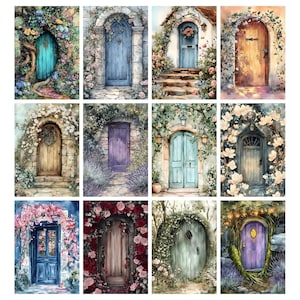May include: A collection of watercolor paintings featuring whimsical doors. Each door is unique, with varying colors like teal, blue, and purple, and surrounded by lush floral arrangements and foliage. The doors evoke a sense of fantasy and enchantment.