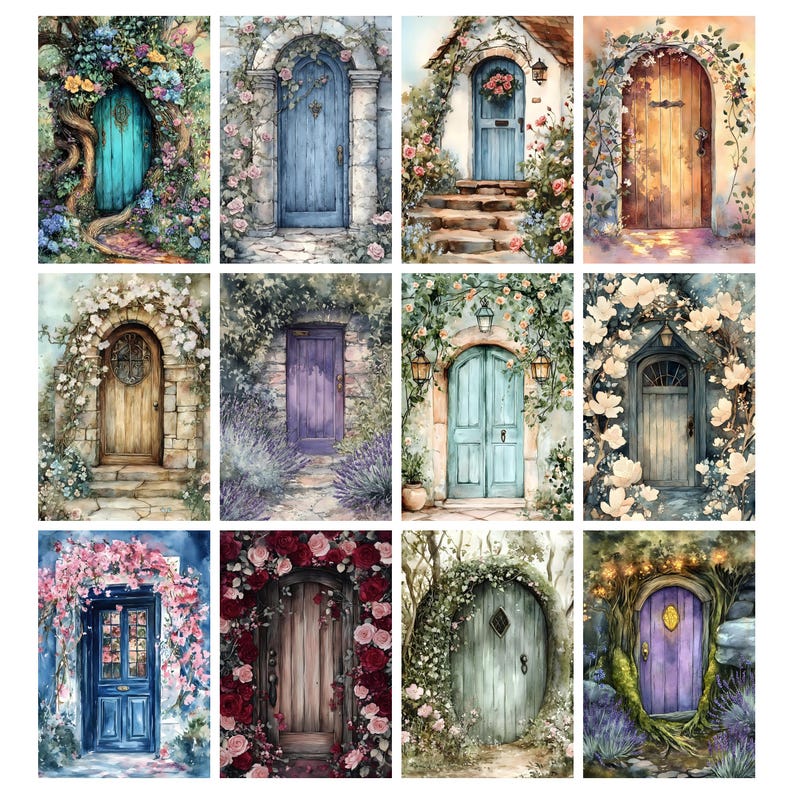 May include: A collection of watercolor paintings featuring whimsical doors. Each door is unique, with varying colors like teal, blue, and purple, and surrounded by lush floral arrangements and foliage. The doors evoke a sense of fantasy and enchantment.