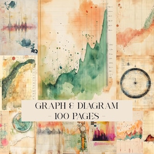 May include: A collection of vintage-style graphs and diagrams with watercolor accents in shades of green, orange, and brown. The text "GRAPH & DIAGRAM - 100 PAGES -" is displayed across the center. The overall theme is data visualization and analysis.