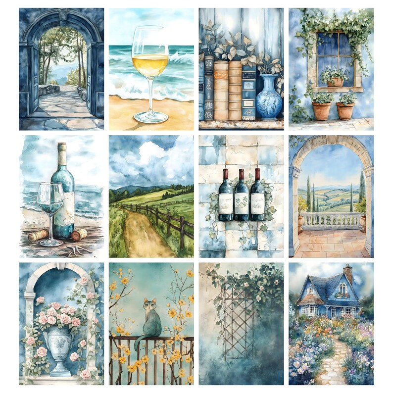 May include: A collection of watercolor paintings featuring various scenes. The images include a wine glass on a beach, a bottle of wine, a country road, a cat on a balcony, and a blue house with a garden. The color palette is primarily blue and beige.