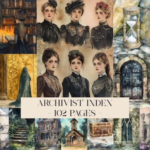 May include: Watercolor illustration featuring portraits of women in vintage attire, an hourglass, and architectural elements. The text "ARCHIVIST INDEX - 102 PAGES -" is displayed across the image. The color palette includes muted tones of brown, beige, and black.