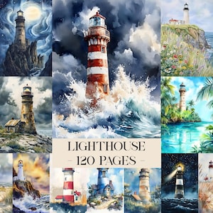 May include: A collection of watercolor paintings featuring various lighthouses. The images showcase lighthouses in different settings, including stormy seas, coastal cliffs, and tropical islands. The text "LIGHTHOUSE - 120 PAGES" is displayed at the bottom.