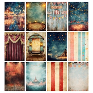May include: A collection of twelve digital backgrounds with a vintage circus theme. The images feature carousels, tents, curtains, and wagons in a variety of colors, including red, blue, and gold. Some backgrounds have a watercolor effect.