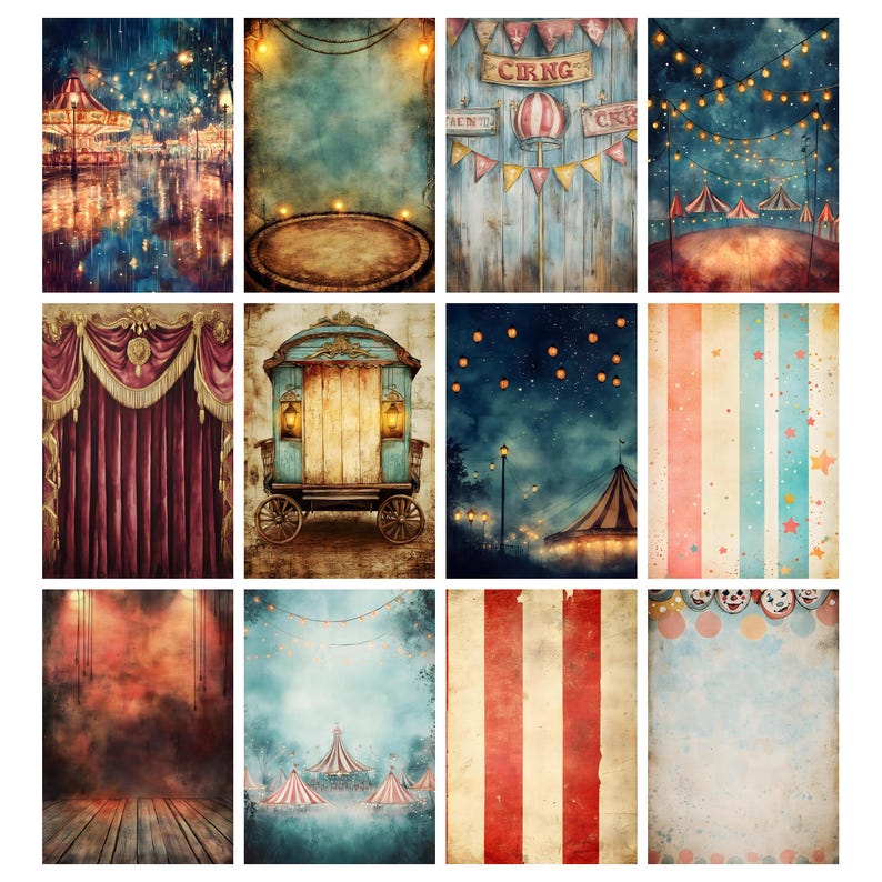 May include: A collection of twelve digital backgrounds with a vintage circus theme. The images feature carousels, tents, curtains, and wagons in a variety of colors, including red, blue, and gold. Some backgrounds have a watercolor effect.