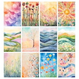 May include: A collection of twelve watercolor art prints featuring floral and landscape themes. The prints showcase a variety of colorful designs, including abstract floral patterns, stylized flowers, and rolling hills. The color palettes range from soft pastels to vibrant hues.