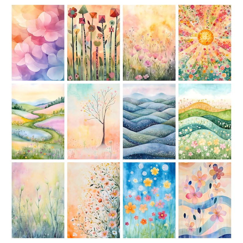 May include: A collection of twelve watercolor art prints featuring floral and landscape themes. The prints showcase a variety of colorful designs, including abstract floral patterns, stylized flowers, and rolling hills. The color palettes range from soft pastels to vibrant hues.
