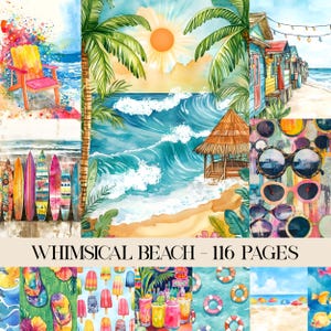 Può includere: Un vivace collage ad acquerello con scene di spiaggia. Include una sedia a sdraio, tavole da surf, un gazebo e cabine sulla spiaggia colorate. Il testo "WHIMSICAL BEACH - 116 PAGES" è visualizzato in basso nell'immagine.
