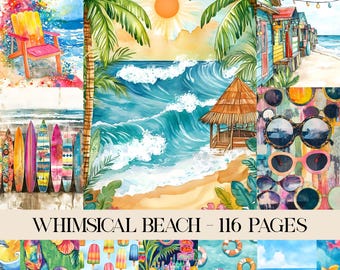 Whimsical Beach Junk Journal Pages, Printable Papers, Vintage Coastal Ephemera, Tropical Scrapbook Kit, Retro Beach Paper, Coastal Journal