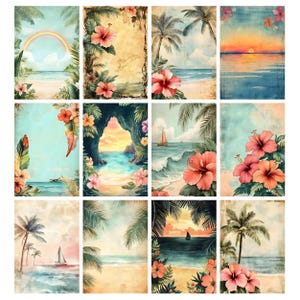 May include: A collection of twelve rectangular art prints featuring tropical beach scenes, palm trees, sailboats, and vibrant pink hibiscus flowers. The illustrations display various coastal landscapes, sunsets, and rainbows in a soft, watercolor-inspired style.