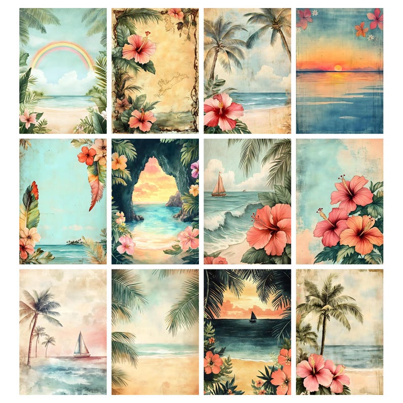 May include: A collection of twelve rectangular art prints featuring tropical beach scenes, palm trees, sailboats, and vibrant pink hibiscus flowers. The illustrations display various coastal landscapes, sunsets, and rainbows in a soft, watercolor-inspired style.