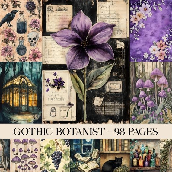 Gothic Botanist Junk Journal Kit, Botanical Printable, Apothecary Download, Victorian Pages, Dark Academia, Vintage Ephemera Scrapbook Paper
