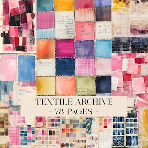 Puede incluir: Un collage de muestras textiles coloridas y notas manuscritas. La imagen presenta cuadrados de varios colores, incluyendo rosa, azul, amarillo y naranja. El texto "TEXTILE ARCHIVE - 78 PAGES" se muestra en la parte inferior.