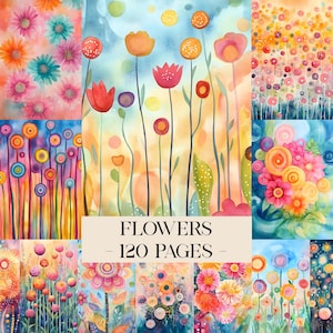 Colorful Flowers Digital Papers, Watercolor Flower Backgrounds, Floral Junk Journal Pages, Printable Paper Set, Digital Scrapbooking Paper