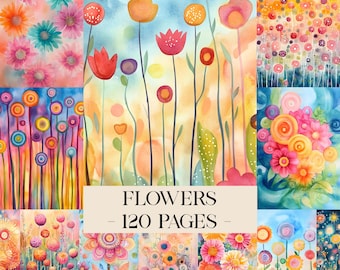Kolorowe papiery cyfrowe z motywem kwiatów, tła z akwarelowymi kwiatami, strony do dziennika Floral Junk, zestaw papierów do druku, cyfrowy papier do scrapbookingu