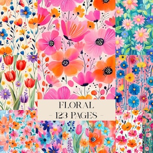 Akvarell blommönster, digitala blompapper, nyckfulla färgglada akvarellblommor, blommig bakgrund, blomjournal, scrapbookingpapper