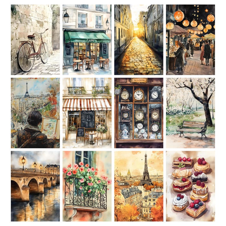 May include: A collection of watercolor paintings depicting scenes of Paris. The images include a bicycle, a cafe, a cobblestone street, a night market, a person painting, a clock shop, a park, a bridge, a balcony with flowers, the Eiffel Tower, and pastries.