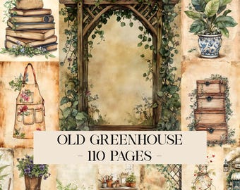 Old Greenhouse Junk Journal Kit, Garden Pages, Gardener Printable, Watercolor Plant Collage Sheet, Vintage Botany Garden, Scrapbook Papers
