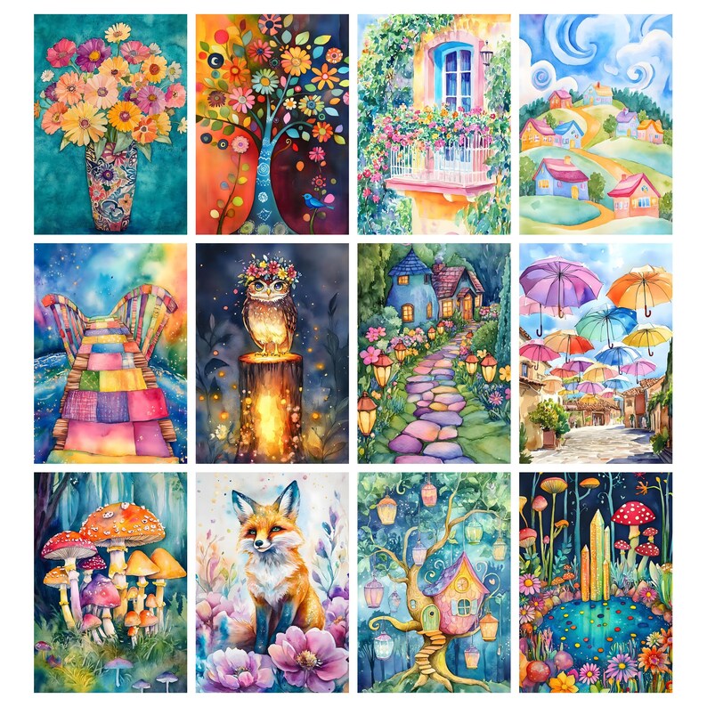 May include: A set of twelve watercolour paintings depicting fantastical scenes. The artwork includes colourful flowers, trees, houses, bridges, an owl, a fox, and a fantasy landscape with mushrooms and a pond. The paintings are vibrant and detailed.