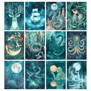 May include: A collection of twelve watercolor art prints featuring fantasy and nature themes. The prints showcase a variety of subjects, including a deer with antlers, a ship, a dragon, a mermaid, koi fish, a crown, a serpent, an octopus, a whale, and a woman holding a moon.