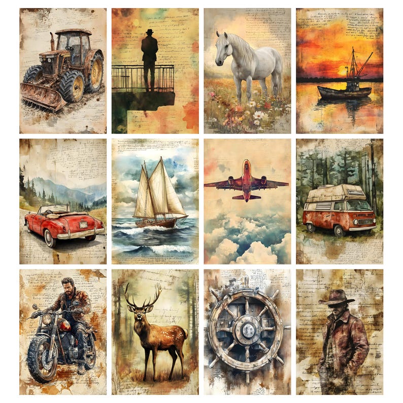 K&ouml;nnte beinhalten: Eine Sammlung von Kunstdrucken im Vintage-Stil mit verschiedenen Szenen. Die Drucke zeigen einen Traktor, eine Person auf einem Balkon, ein wei&szlig;es Pferd, ein Boot auf dem Wasser, ein rotes Cabrio, ein Segelboot, ein Flugzeug, einen Campingbus, ein Motorrad, ein Reh, ein Steuerrad und eine Person in einem Mantel.