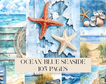 Ocean Blue Seaside Junk Journal Kit, Coastal Beach Printable Ephemera Paper, Sea Underwater Animal Scrapbook Collage, Sand Background Page
