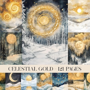 May include: Watercolor art prints featuring celestial themes. The images showcase golden orbs, moons, and starry skies over snowy landscapes and forests. The text "CELESTIAL GOLD - 121 PAGES" is displayed at the bottom of the image.