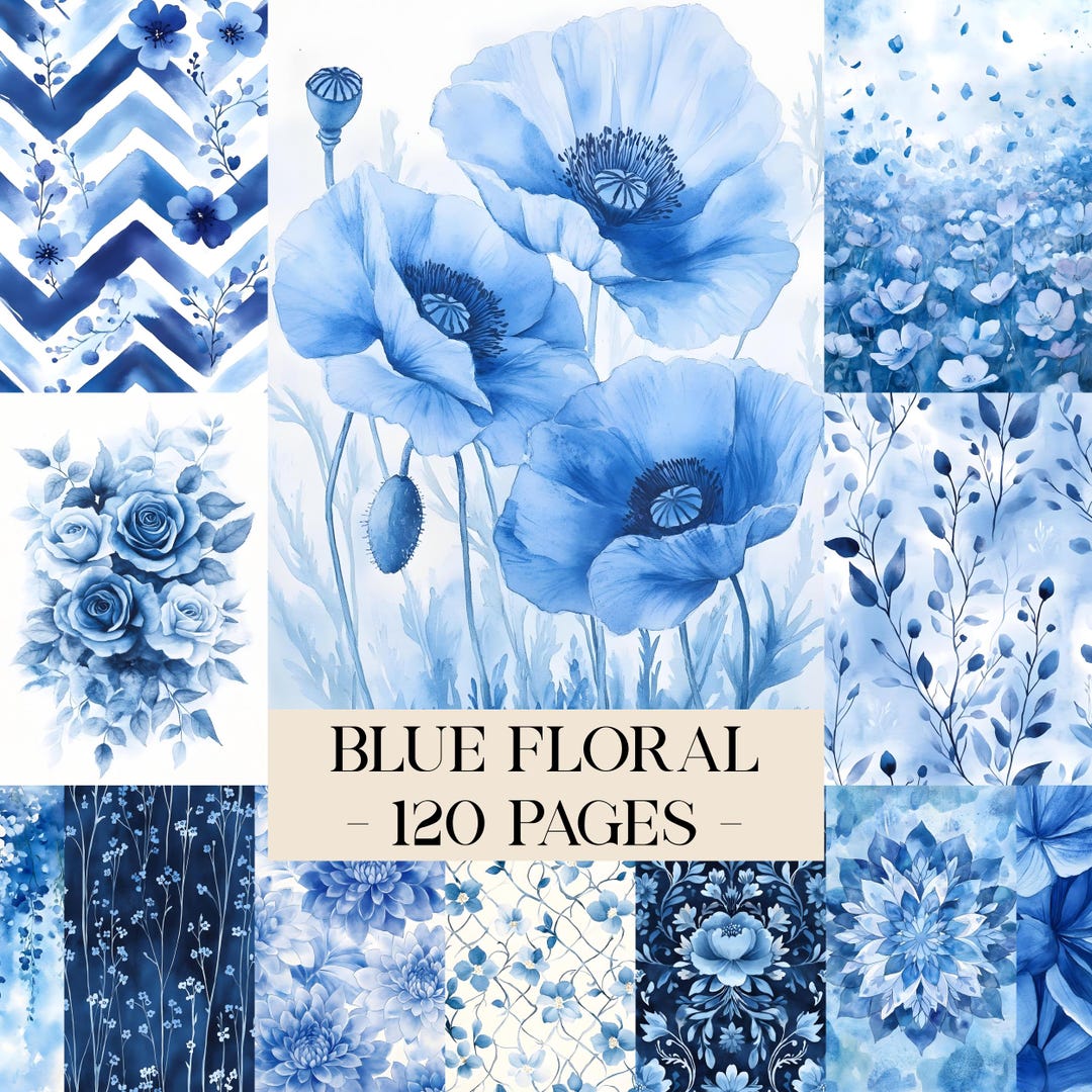 Watercolor Blue Floral Digital Papers, Shabby Chic Printable Scrapbook ...