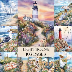 May include: Watercolor illustrations of lighthouses, sailboats, and coastal scenes. The images feature vibrant colors, including blues, greens, and pinks, with the text "LIGHTHOUSE - 105 PAGES". The artwork depicts various coastal settings with flowers and people.