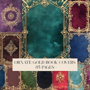 Puede incluir: Una colecci&oacute;n de portadas de libros ornamentadas en varios colores, incluyendo verde azulado, burdeos y azul marino, con marcos dorados. El texto "ORNATE GOLD BOOK COVERS - 85 PAGES" se muestra. Las portadas tienen una est&eacute;tica vintage.