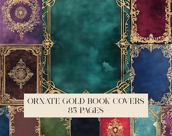 Ornate Gold Book Covers Digital Papers, Printable Book Cover, Old Book Junk Journal Pages, Vintage Book Scrapbook Papers, Digital Download