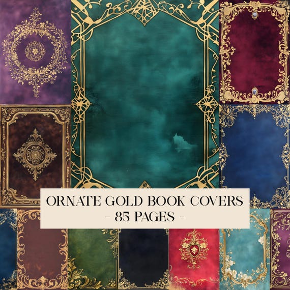 Ornate Gold Book Covers Digital Papers, Printable Book Cover, Old Book Junk Journal Pages, Vintage Book Scrapbook Papers, Digital Download