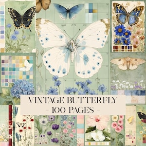 Vintage-Schmetterlingsstudien: Druckbare Junk-Journal-Seiten, botanische Insekten-Collagepapiere, Notizbuch, Natur- und Blumen-Scrapbook