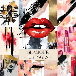 May include: A collage of watercolor illustrations with a glamour theme. The images include a pair of red lips, a lipstick, and abstract art with gold, black, and red accents. The text "GLAMOUR - 105 PAGES -" is also present.