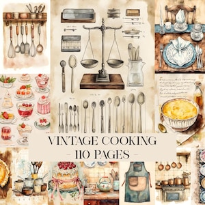 Puede incluir: Ilustración en acuarela de temas de cocina vintage. Muestra utensilios de cocina, balanzas y postres. El texto dice "VINTAGE COOKING - 110 PAGES". La paleta de colores está dominada por tonos cálidos de marrón, beige y crema.