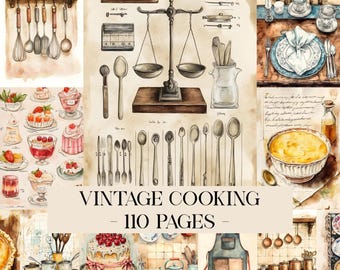Può includere: Illustrazione ad acquerello a tema cucina vintage. L'immagine presenta utensili da cucina, bilance e dessert. Il testo recita "VINTAGE COOKING - 110 PAGES". La tavolozza dei colori è dominata da toni caldi di marrone, beige e crema.