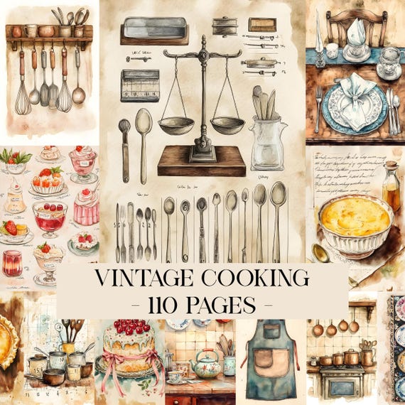Vintage Cooking Ephemera, Old Cookbook Printable, Digital Junk Journal Paper, Retro Food Images, Baking Scrapbook Papers, Collage Sheet