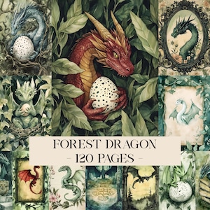 May include: A collage of watercolor illustrations featuring dragons and eggs. The central image shows a red dragon cradling a speckled egg amidst green foliage. Text reads "FOREST DRAGON - 120 PAGES".