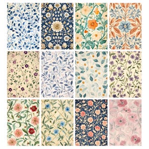 May include: A collection of twelve watercolor floral and botanical patterns. The designs feature various flowers, leaves, and vines in shades of blue, orange, pink, and purple. The patterns are arranged in a grid, showcasing the variety of styles.