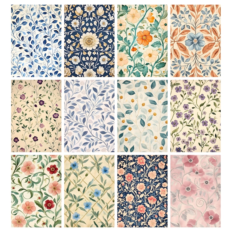 May include: A collection of twelve watercolor floral and botanical patterns. The designs feature various flowers, leaves, and vines in shades of blue, orange, pink, and purple. The patterns are arranged in a grid, showcasing the variety of styles.