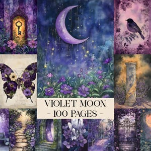 May include: A collection of watercolor illustrations with a violet and purple theme. The images include a crescent moon, flowers, a butterfly, a bird, and a key. Text reads "VIOLET MOON - 100 PAGES".