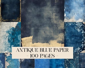 May include: A collection of antique blue paper sheets with distressed edges and textures. Some pages feature floral designs, handwritten script, and newspaper clippings. The text on the image reads "ANTIQUE BLUE PAPER - 100 PAGES -."
