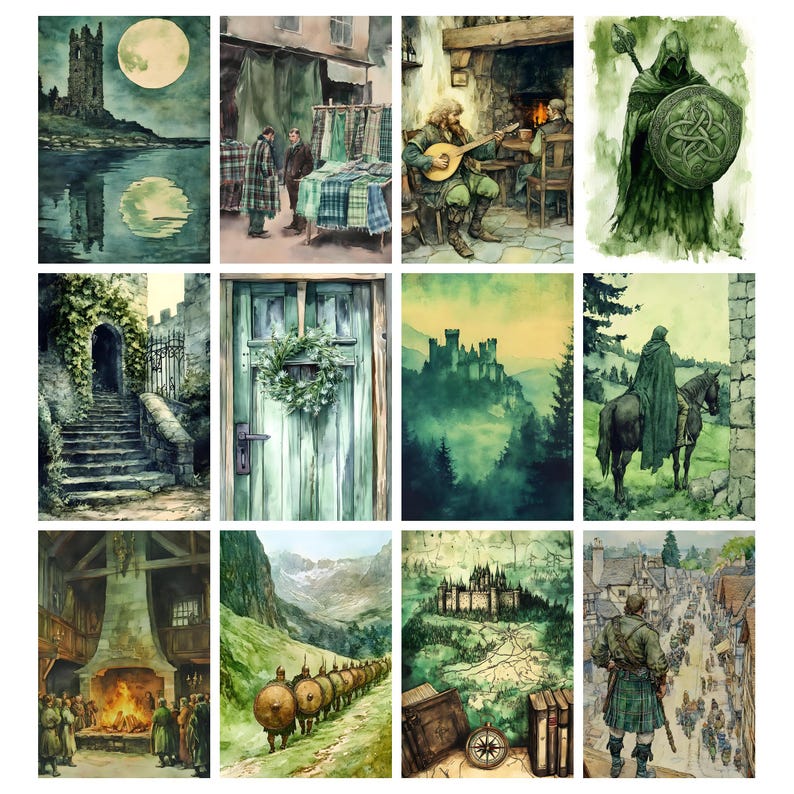 May include: A collection of watercolor paintings depicting scenes of medieval life and landscapes. The images feature castles, figures in traditional attire, and natural settings with a muted color palette of greens, blues, and browns. The artwork evokes a sense of history and fantasy.