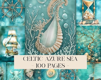 Keltische azuurblauwe zee zeemeermin dagboek nautische ephemera onderwater fantasie zeedieren kunst oceaan plakboek zee en oceaan ongewenste dagboek kit