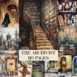 Puede incluir: Ilustración en acuarela de una biblioteca con una escalera de madera, estanterías y objetos antiguos. Se muestra el texto "THE ARCHIVIST - 110 PAGES". La imagen evoca una estética vintage y gótica.