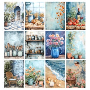 May include: A collection of watercolor paintings featuring various scenes. The images include a blue tiled patio, bread and jars, orange flowers, a wine bottle with tomatoes, kitchen utensils, jars on shelves, a blue vase with flowers, potted plants, a wicker chair, flowers and a watering can, seashells on a beach, and a woman with roses.