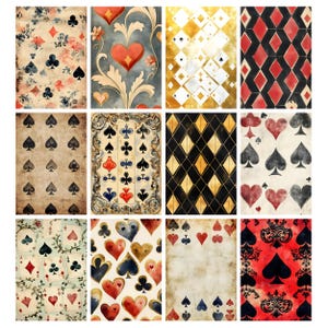 May include: A collection of twelve playing card designs. The designs feature various suits, including hearts, spades, clubs, and diamonds, with floral and geometric patterns. Colors include red, black, gold, and blue, with a vintage aesthetic.