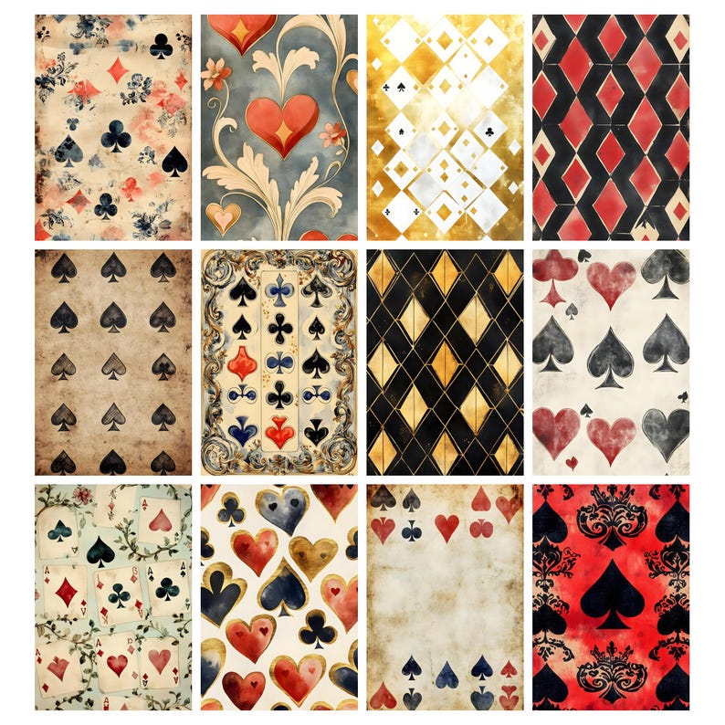 May include: A collection of twelve playing card designs. The designs feature various suits, including hearts, spades, clubs, and diamonds, with floral and geometric patterns. Colors include red, black, gold, and blue, with a vintage aesthetic.